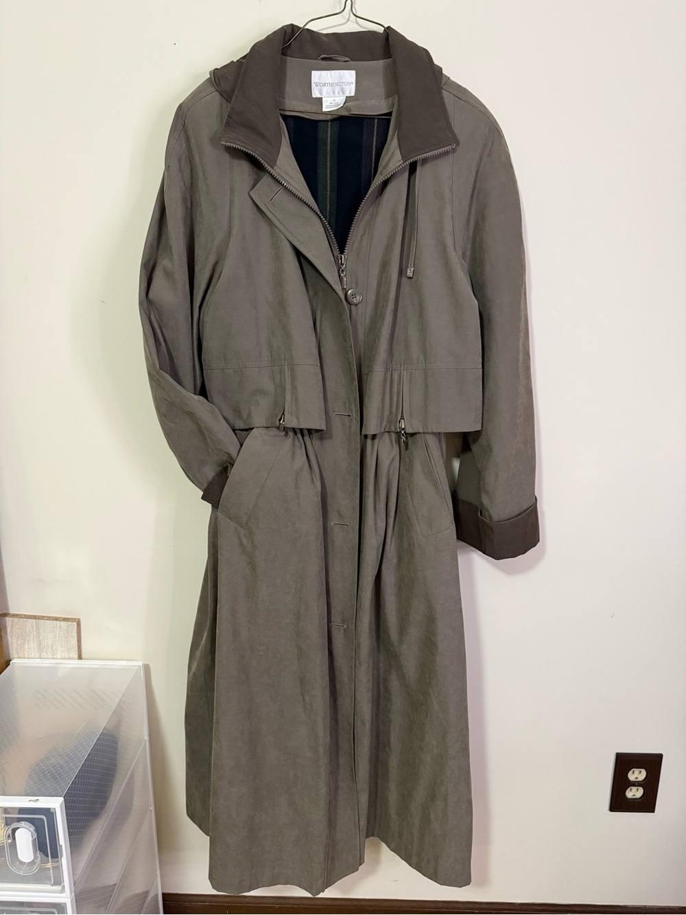 Long Olive Green Trench Coat with Hood - Women